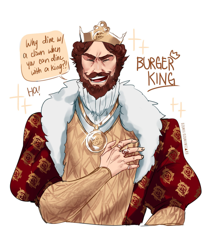 beard brown_hair burger_king cropped_torso crown facial_hair highres image_sample jewelry laughing male_focus mustache necklace ozumii ring simple_background smile solo the_king twitter_sample white_background