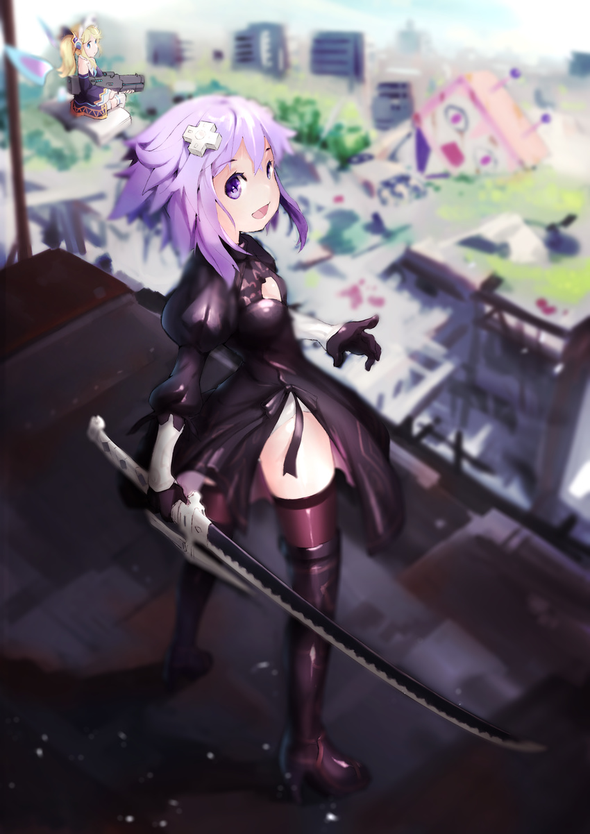 absurdres ass blonde_hair blue_eyes cosplay d-pad d-pad_hair_ornament hair_ornament highres histoire landscape multiple_girls nepgyaa neptune_(choujigen_game_neptune) neptune_(series) nier_(series) nier_automata purple_eyes purple_hair segamark smile sword thighhighs twintails weapon wings yorha_no._2_type_b yorha_no._2_type_b_(cosplay) zettai_ryouiki