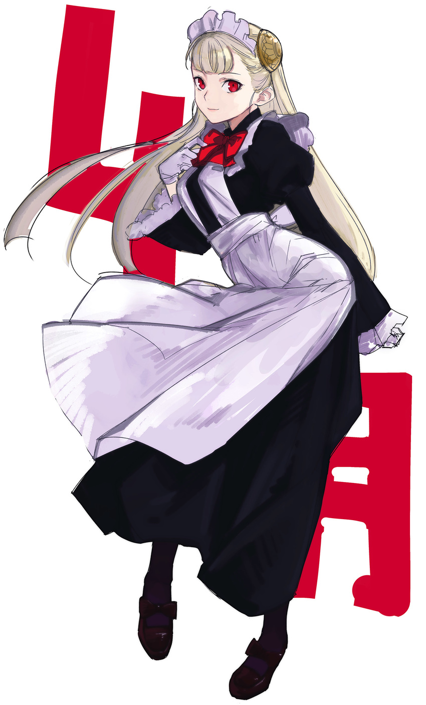 absurdres alternate_costume apron arm_behind_back black_legwear blonde_hair capcom_fighting_jam commentary_request dress enmaided frills gloves hairpods highres ingrid long_hair looking_at_viewer maid maid_apron maid_headdress mary_janes pantyhose puffy_sleeves red_eyes shoes sketch smile solo standing tetsu_(kimuchi) waist_apron white_gloves