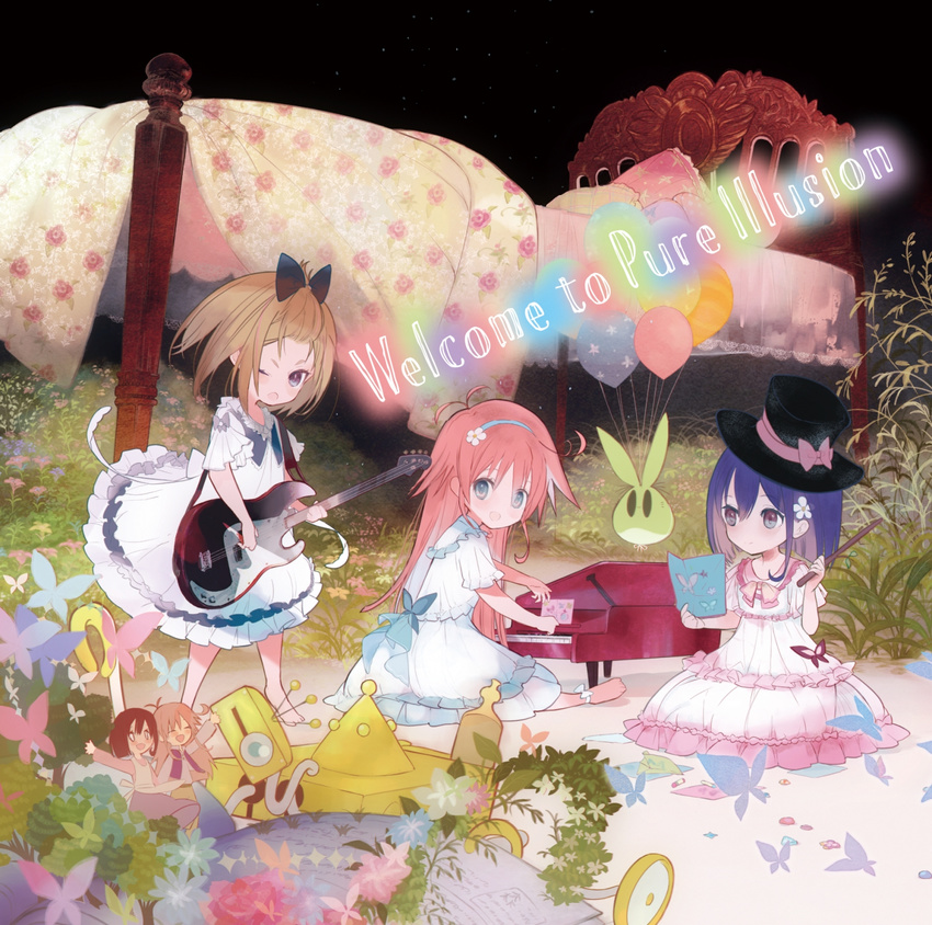 ahoge album_cover balloon bangs_pinned_back baton_(instrument) bed blanket blonde_hair blue_hair bow brown_eyes bug butterfly cover dress electric_guitar english flip_flappers floral_print flower frilled_dress frills grass guitar hair_bow hair_flower hair_ornament hairband hat hat_bow highres insect instrument kokomine_cocona long_hair mini_piano multiple_girls official_art orange_hair papika_(flip_flappers) piano sheet_music short_hair sitting tanu top_hat tt-392 uexkull white_dress yayaka younger