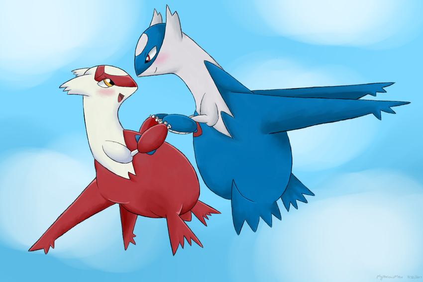 blush brother brother_and_sister dragon flying hand_holding latias latios legendary_pok&eacute;mon love mysterious_mew nintendo open_mouth pok&eacute;mon red_eyes sibling sister sky smile video_games yellow_eyes