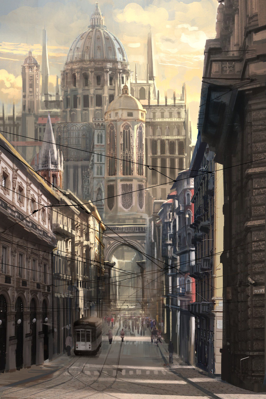 architecture artist_name building cathedral city cityscape cloud cloudy_sky cobblestone crosswalk crowd day gothic_architecture ground_vehicle highres karamas original outdoors overhead_line power_lines railroad_tracks road scenery shade signature sky street streetcar vanishing_point