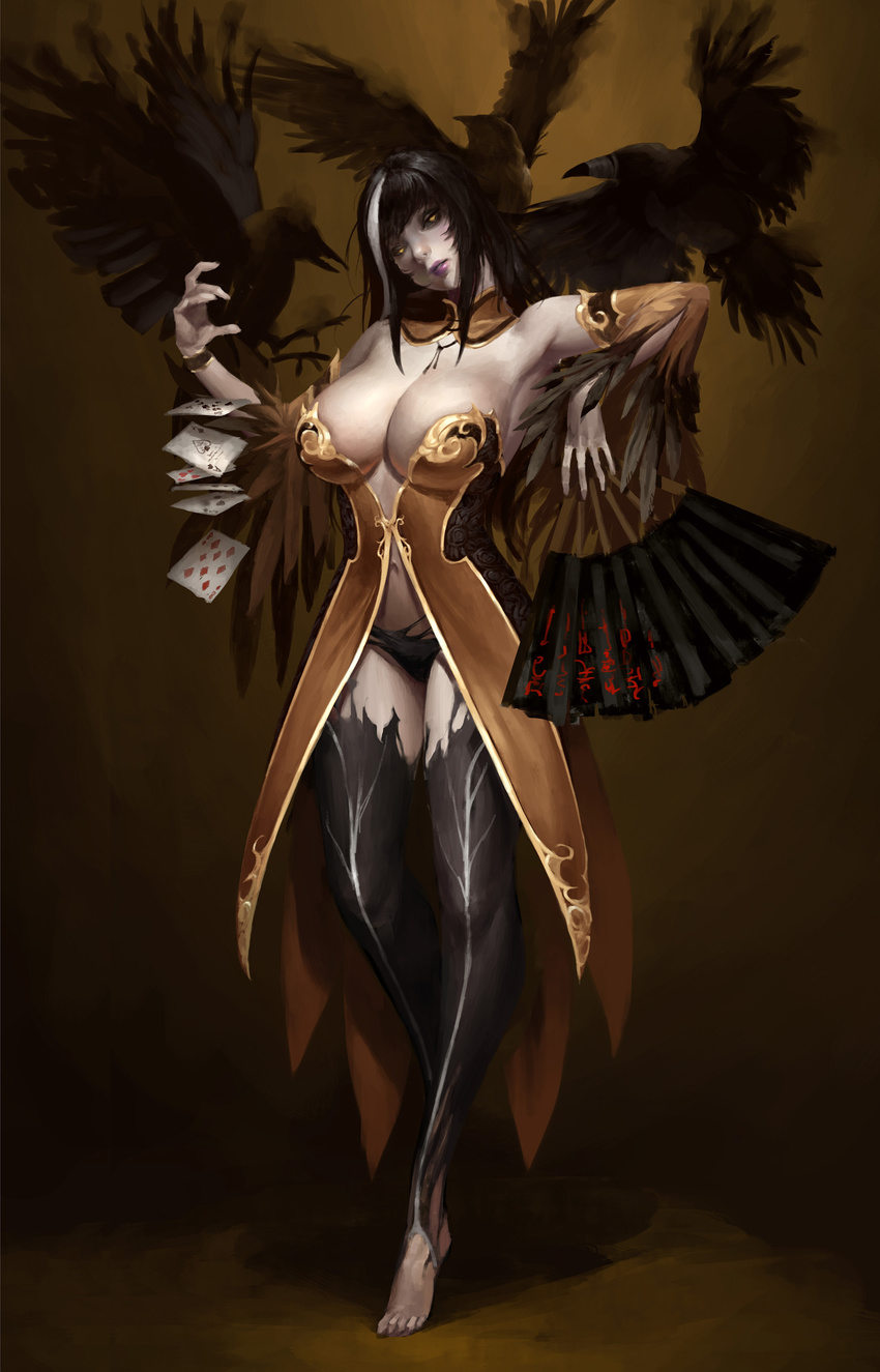 absurdres bangku_an bird breasts card crow detached_collar detached_sleeves fan feather_trim full_body head_tilt highres huge_breasts lipstick looking_to_the_side makeup multicolored_hair pale_skin panties parted_lips solo thighhighs two-tone_hair underwear wide_sleeves yellow_eyes