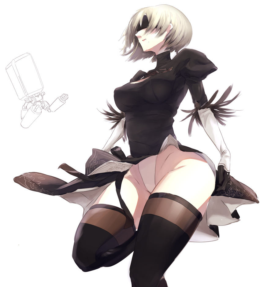 black_dress black_hairband black_legwear blindfold boots breasts cleavage_cutout covered_eyes covered_nipples dress feather-trimmed_sleeves folded_leg gloves hairband highleg highleg_leotard highres juliet_sleeves leotard long_sleeves medium_breasts mole mole_under_mouth nier_(series) nier_automata pelvic_curtain pod_(nier_automata) puffy_sleeves rdc7229 silver_hair solo standing standing_on_one_leg thigh_boots thighhighs thighhighs_under_boots white_leotard yorha_no._2_type_b