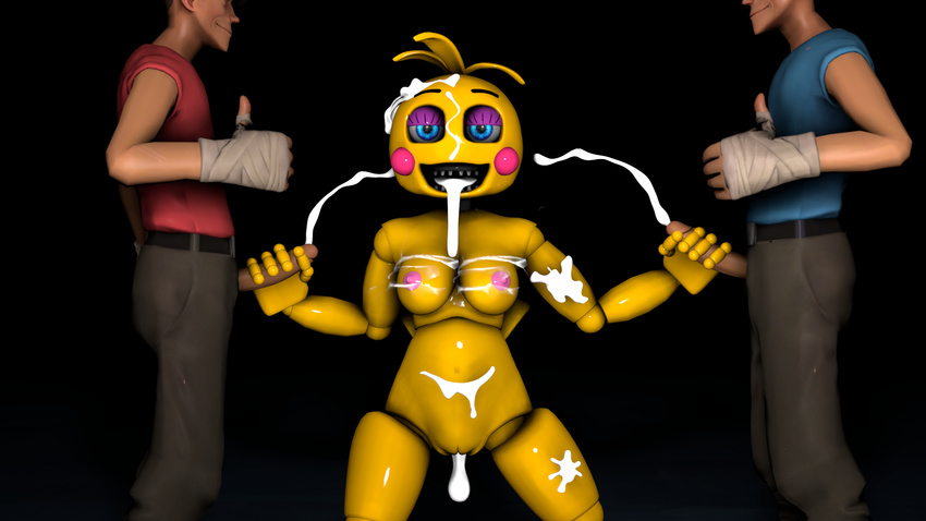 2017 3d_(artwork) animatronic anthro avian bird breasts chicken crossover cum cum_covered cum_everywhere cum_in_mouth cum_in_pussy cum_inside cum_leaking cum_on_arm cum_on_breasts cum_on_chest cum_on_face cum_on_leg cum_on_stomach cumshot digital_media_(artwork) double_handjob ejaculation erection excessive_cum female five_nights_at_freddy's five_nights_at_freddy's_2 group group_sex handjob hi_res human interspecies looking_at_viewer machine male male/female mammal messy nipples non-mammal_breasts nude open_mouth orgasm penis pussy robot robot_on_human scout_(team_fortress_2) sex smile source_filmmaker team_fortress_2 teeth threesome toy_chica_(fnaf) valve video_games xboxking37