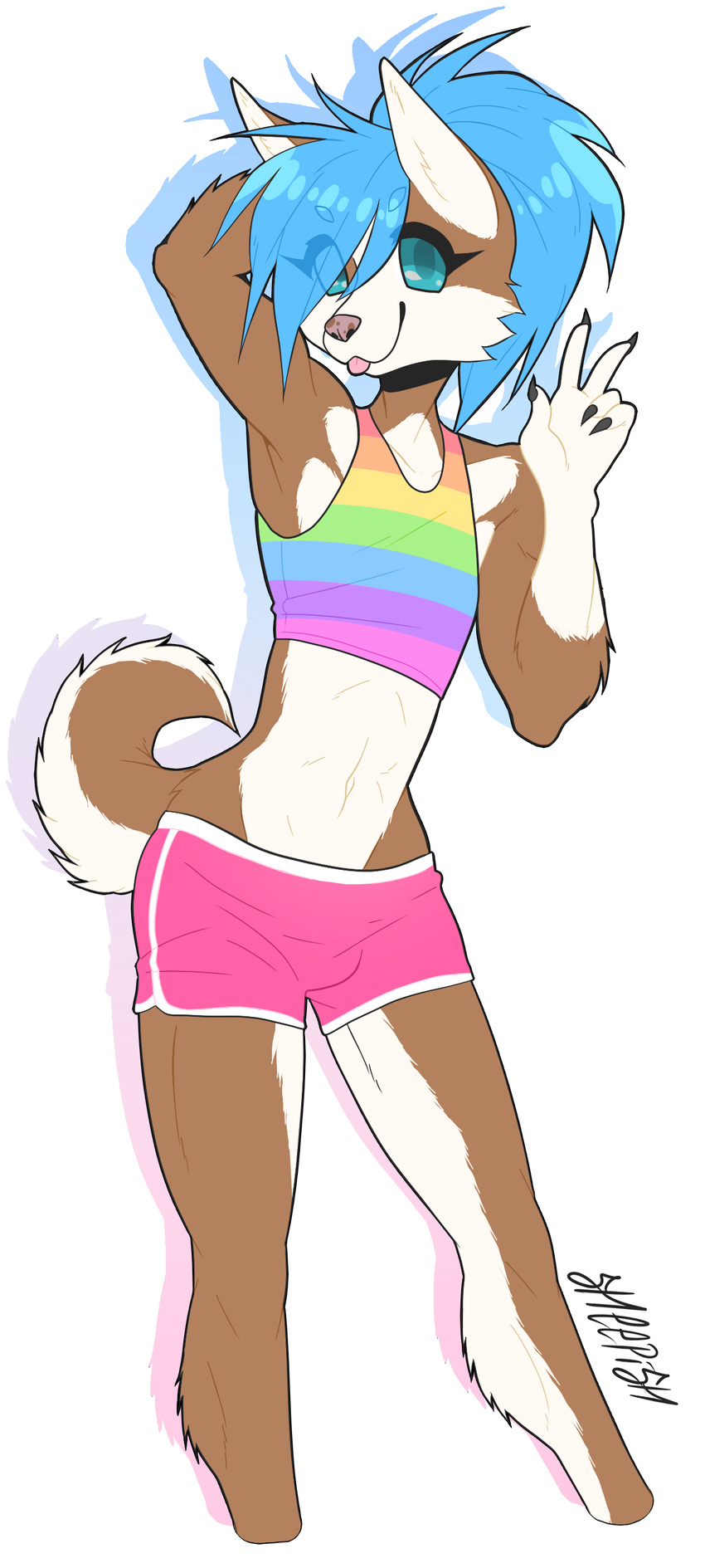 blue_eyes blue_hair brown_husky canine claws dog girly hair husky invalid_color male male/male mammal muscular pink_shorts rainbow sheepish tongue voluptuous