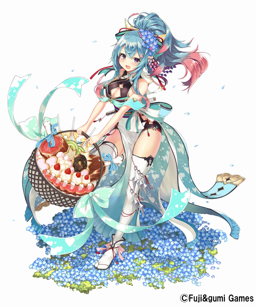 aqua_hair bare_shoulders basket breasts cleavage cleavage_cutout doughnut flower food hair_flower hair_ornament highres large_breasts long_hair looking_at_viewer multicolored_hair official_art pelvic_curtain ponytail purple_eyes shinobi_nightmare simple_background solo tantou thighhighs two-tone_hair weapon yuui_hutabakirage