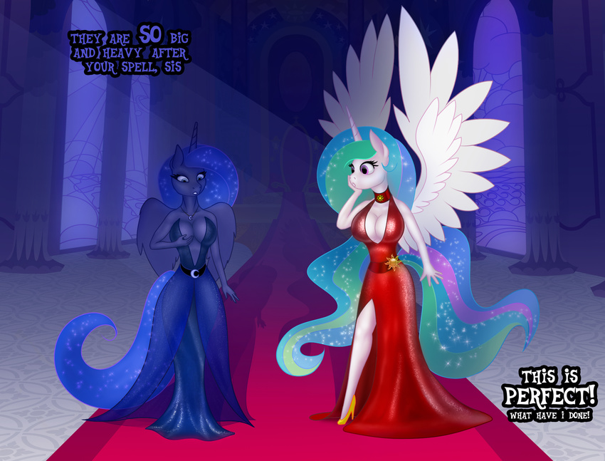 anthro big_breasts breast_expansion breasts cleavage clothed clothing digital_media_(artwork) dress eqamrd equine female footwear friendship_is_magic hair high_heels horn horse magic mammal my_little_pony pony princess_celestia_(mlp) princess_luna_(mlp) shoes side_slit spread_wings text wing_boner wings