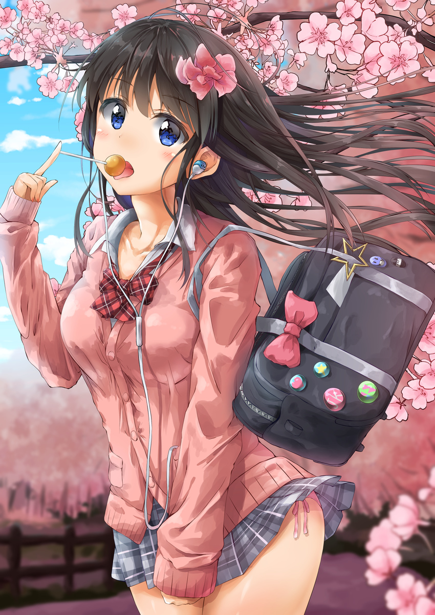 badge bag bangs blue_eyes blue_sky blush bow bowtie breasts brown_hair button_badge buttons cable candy cardigan cherry_blossoms clothes_tug cloud cloudy_sky collarbone collared_shirt covering covering_crotch cowboy_shot day dress_shirt earbuds earphones eyebrows_visible_through_hair fence floating_hair food grey_skirt hand_up highres holding kuria_(clear_trip_second) legs_together lollipop long_hair long_sleeves looking_at_viewer medium_breasts miniskirt mouth_hold original outdoors panties pantyshot pantyshot_(standing) pink_panties pink_sweater plaid plaid_neckwear plaid_skirt pleated_skirt pocket school_bag school_uniform shirt shoulder_bag side-tie_panties skirt skirt_tug sky sleeves_past_wrists solo standing sweater tongue tongue_out tree underwear white_shirt wind wind_lift wooden_fence