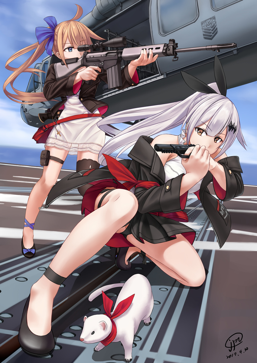 absurdres aiming aircraft ass_visible_through_thighs battle_rifle black_panties blue_eyes brown_eyes brown_hair commentary fal_(girls_frontline) ferret five-seven_(girls_frontline) five-seven_(gun) fn_fal girls_frontline gun hair_ornament hairclip handgun helicopter highres holding holding_gun holding_weapon jacket jpc long_hair magazine_(weapon) multiple_girls one_knee panties pantyshot pantyshot_(one_knee) pantyshot_(squatting) pistol ponytail rifle scope silver_hair single_thighhigh skirt squatting standing thighhighs uh-60_blackhawk underwear upskirt weapon