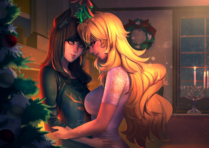 animal_ears bakki bangs black_hair blake_belladonna blonde_hair breasts candle candlestand cat_ears christmas christmas_tree christmas_wreath commentary eye_contact face-to-face from_side hand_on_another's_hip indoors lace large_breasts lips long_hair looking_at_another mistletoe multiple_girls no_hair_bow print_shirt profile purple_eyes rwby seductive_smile shirt short_sleeves smile upper_body window wreath yang_xiao_long yellow_eyes yuri