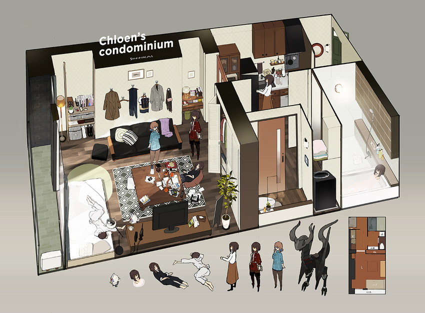 architecture artist_name bag balcony bathing bathroom bathtub bed black_legwear book bookshelf boots bottle brown_hair cabinet chair character_name chloen_(siirakannu) closet clothes_hanger coat coat_removed coffee_table controller couch creature cupboard cushion door dragon elweiss_(siirakannu) floor_lamp floorplan from_above frying_pan full_body gradient gradient_background grey_background handbag indoors isometric jacket kitchen kotatsu lamp laundry living_room low_ponytail lying modem multiple_girls on_bed on_side original ottoman pantyhose paper papers picture_frame pillow plant potted_plant reclining refrigerator remote_control rug shampoo_bottle shelf short_hair shorts shower_head siirakannu sink sitting skillet sleeping soap_bottle standing stool table television tissue_box toilet towel trash_can tub wallpaper_(object) washing_machine wooden_floor