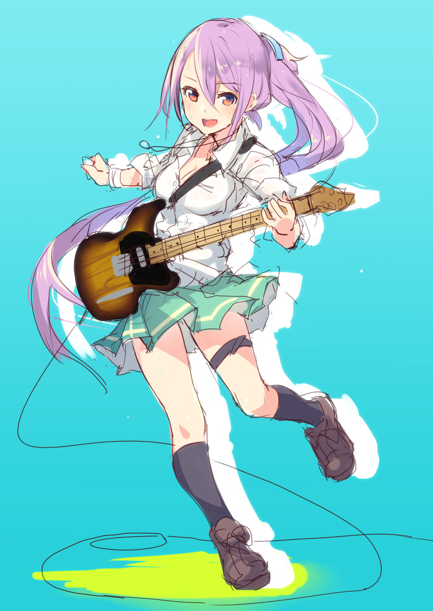 aqua_background bass_guitar black_legwear breasts brown_eyes brown_footwear dress_shirt eyebrows_visible_through_hair floating_hair full_body green_skirt hair_between_eyes highres hiraga_matsuri holding holding_instrument instrument kneehighs long_hair looking_at_viewer medium_breasts open_mouth original ponytail purple_hair shadow shirt shoes simple_background sketch skirt sleeves_rolled_up smile solo sweat thigh_strap very_long_hair