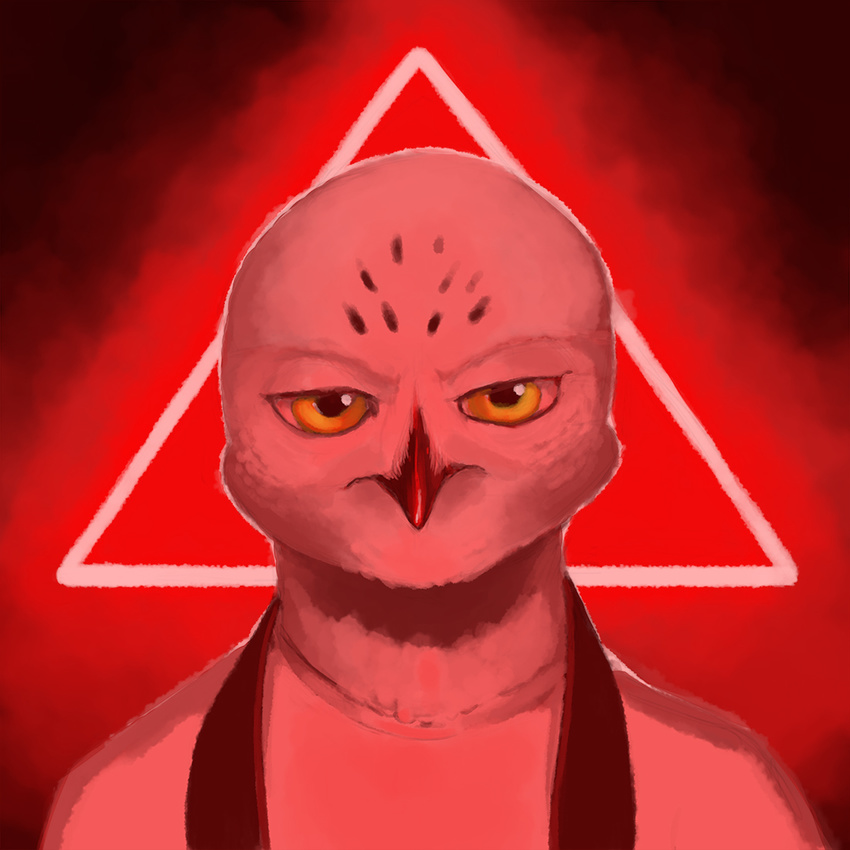 anthro avian backlighting beak bird black_beak clothed clothing digital_media_(artwork) feather_tuft feathers fog front_view frown half-closed_eyes headshot_portrait icon lighting male neon_lights nose_tuft nyar nyar_(character) owl parody portrait red_theme scowl shirt snowy_owl solo spots spotted_feathers the_neon_demon tuft white_feathers yellow_eyes