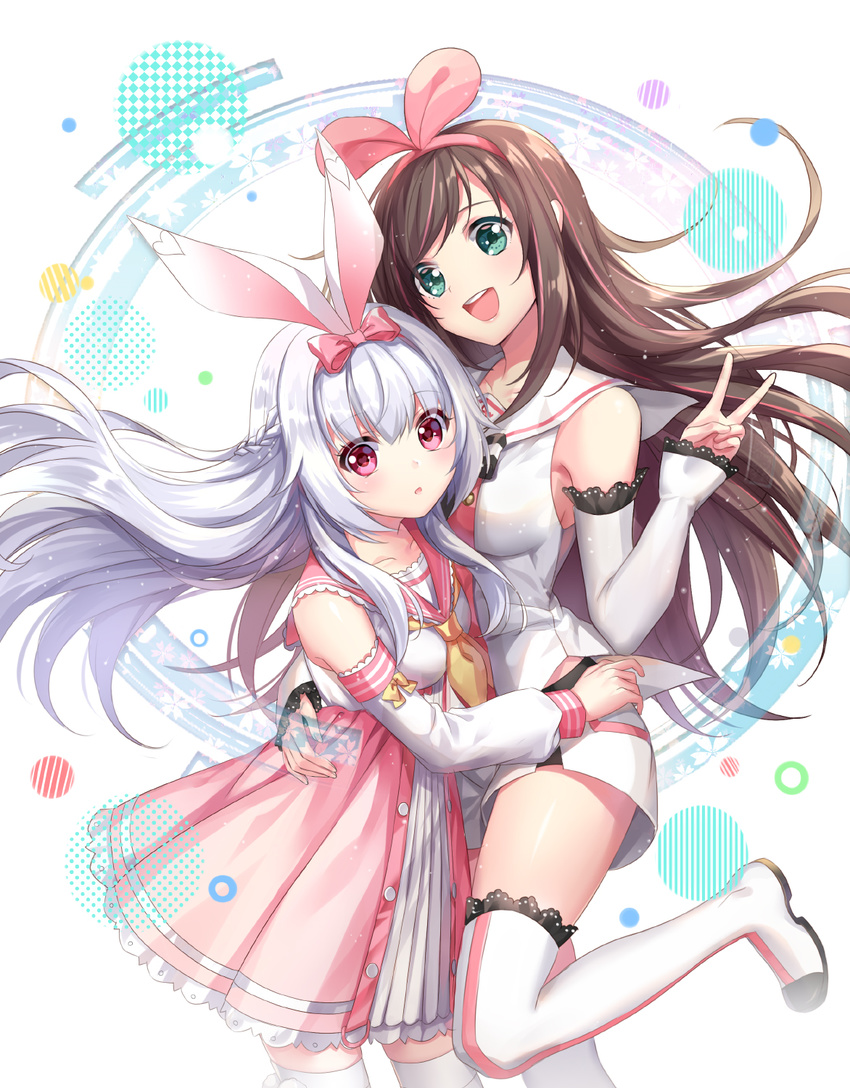 :d :o a.i._channel althea_(sakiya0000) animal_ears bare_shoulders boots bow braid brown_hair bunny_ears crossover detached_sleeves dress green_eyes hair_bow hairband heart heart-shaped_pupils highres hug kizuna_ai long_hair looking_at_viewer mimikkoui momona_(mvv) multiple_girls open_mouth pink_eyes sailor_collar shorts silver_hair smile symbol-shaped_pupils thigh_boots thighhighs v virtual_youtuber white_legwear