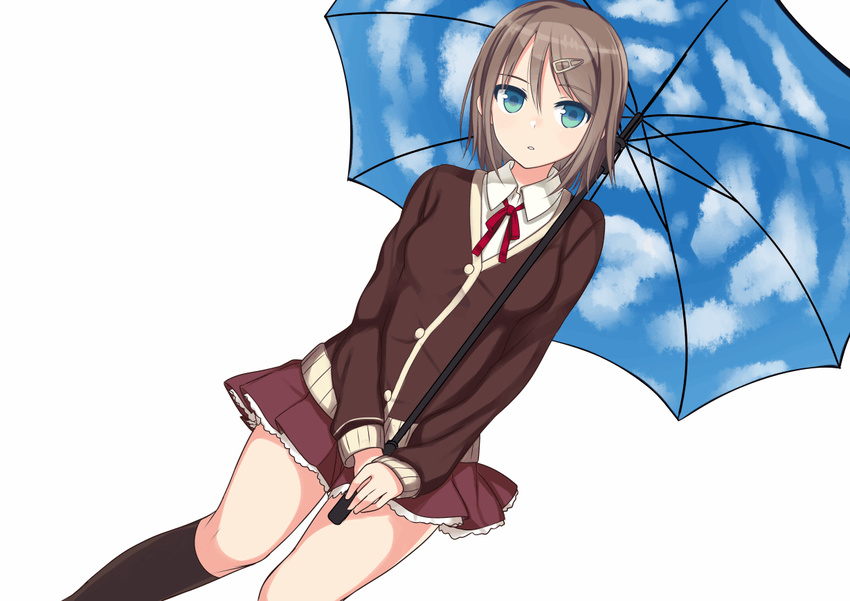 aqua_eyes black_legwear brown_hair cardigan commentary_request dutch_angle hair_ornament hairclip hiraga_matsuri kneehighs original school_uniform short_hair skirt solo umbrella white_background