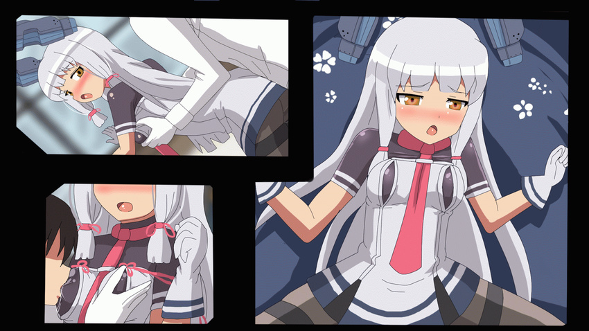 1girl admiral_(kantai_collection) animated animated_gif between_breasts blush bouncing_breasts breast_grab breast_sucking breast_sucking_through_clothes breasts brown_eyes gloves grabbing hangaku hat hat_removed headgear headwear_removed hetero implied_sex kantai_collection long_hair murakumo_(kantai_collection) necktie necktie_between_breasts open_mouth pantyhose pink_neckwear silver_hair thighband_pantyhose white_gloves