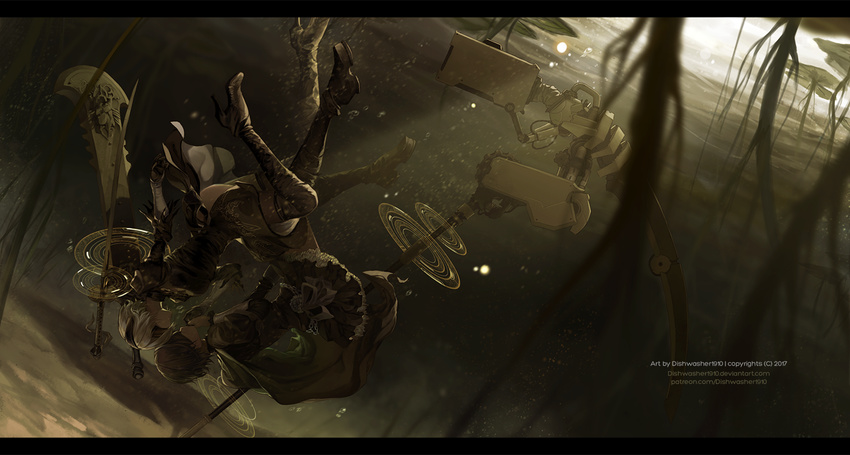 artist_name black_hair blindfold boots broadsword cape commentary crescent_rose dishwasher1910 frilled_skirt frills high_heel_boots high_heels juliet_sleeves katana lake lily_pad long_sleeves multiple_girls nier_(series) nier_automata puffy_sleeves revision roots ruby_rose rwby scythe skirt sword underwater upside-down weapon white_hair yorha_no._2_type_b