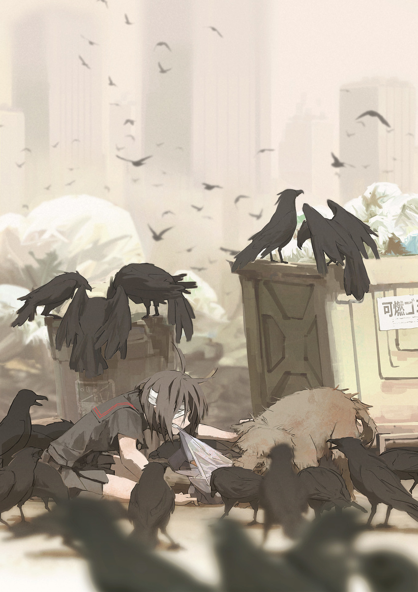 animal bandage_over_one_eye bandages bird biting blurry brown_hair bucket city crow depth_of_field dog dumpster flock highres kneeling on_ground original school_uniform short_sleeves skirt solo trash trash_bag tsukuba_masahiro