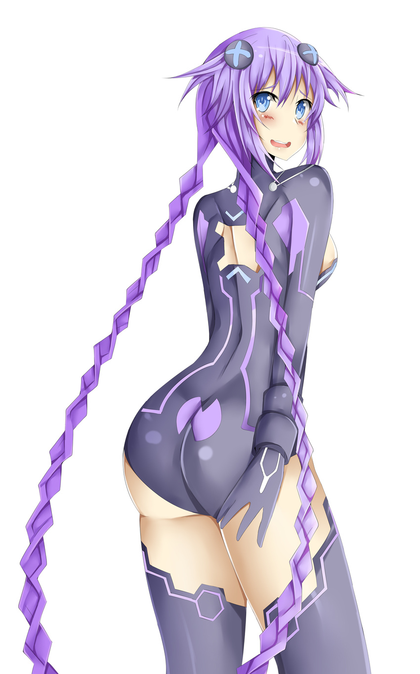 1girl ass blue_eyes blush bodysuit braid breasts choujigen_game_neptune compile_heart embarrassed from_behind gloves hair_ornament idea_factory large_breasts long_hair looking_at_viewer neptune_(choujigen_game_neptune) neptune_(series) olly open_mouth purple_hair purple_heart shiny shiny_clothes shiny_hair shiny_skin sideboob simple_background smile solo thighhighs twin_braids very_long_hair white_background