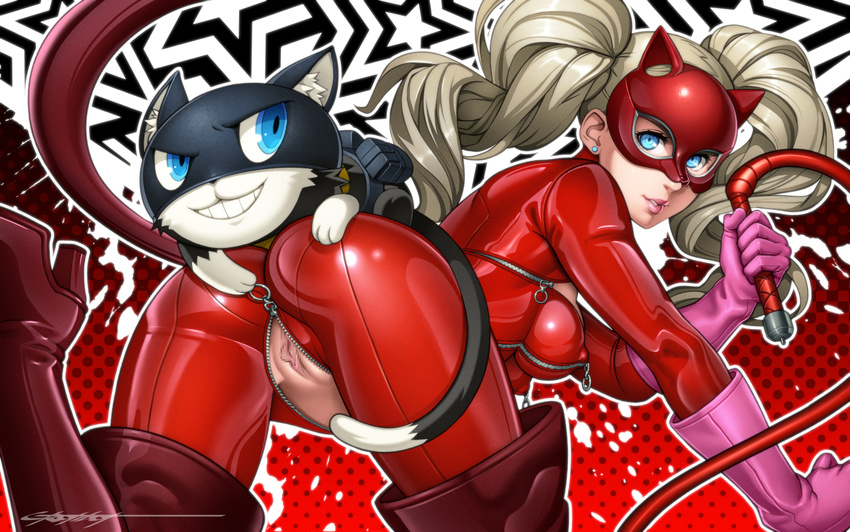 animal animal_ears artist_name ass blonde_hair blue_eyes bodysuit boots cat cat_ears censored covered_nipples earrings erotibot formal from_behind gloves grin jewelry lips long_hair looking_at_viewer mask morgana_(persona_5) mosaic_censoring persona persona_5 pussy shiny shiny_clothes smile suit takamaki_anne thigh_boots thighhighs twintails whip zipper zipper_pull_tab