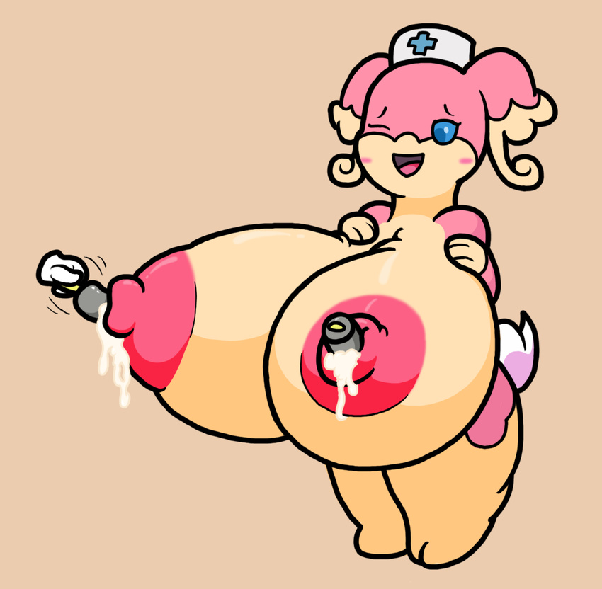 2017 anthro audino big_breasts big_butt blue_eyes blush breasts butt digital_media_(artwork) erect_nipples female huge_breasts hyper hyper_breasts lactating mammal milk mr.under nintendo nipple_plugs nipples nude nurse open_mouth pok&eacute;mon simple_background smile solo video_games