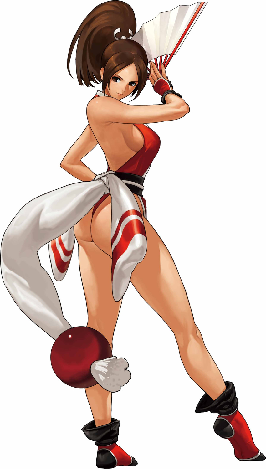absurdres ass breasts brown_eyes brown_hair cleavage fan fatal_fury folding_fan gloves highres japanese_clothes long_hair medium_breasts official_art ogura_eisuke ponytail shiranui_mai sideboob solo the_king_of_fighters the_king_of_fighters_xiii