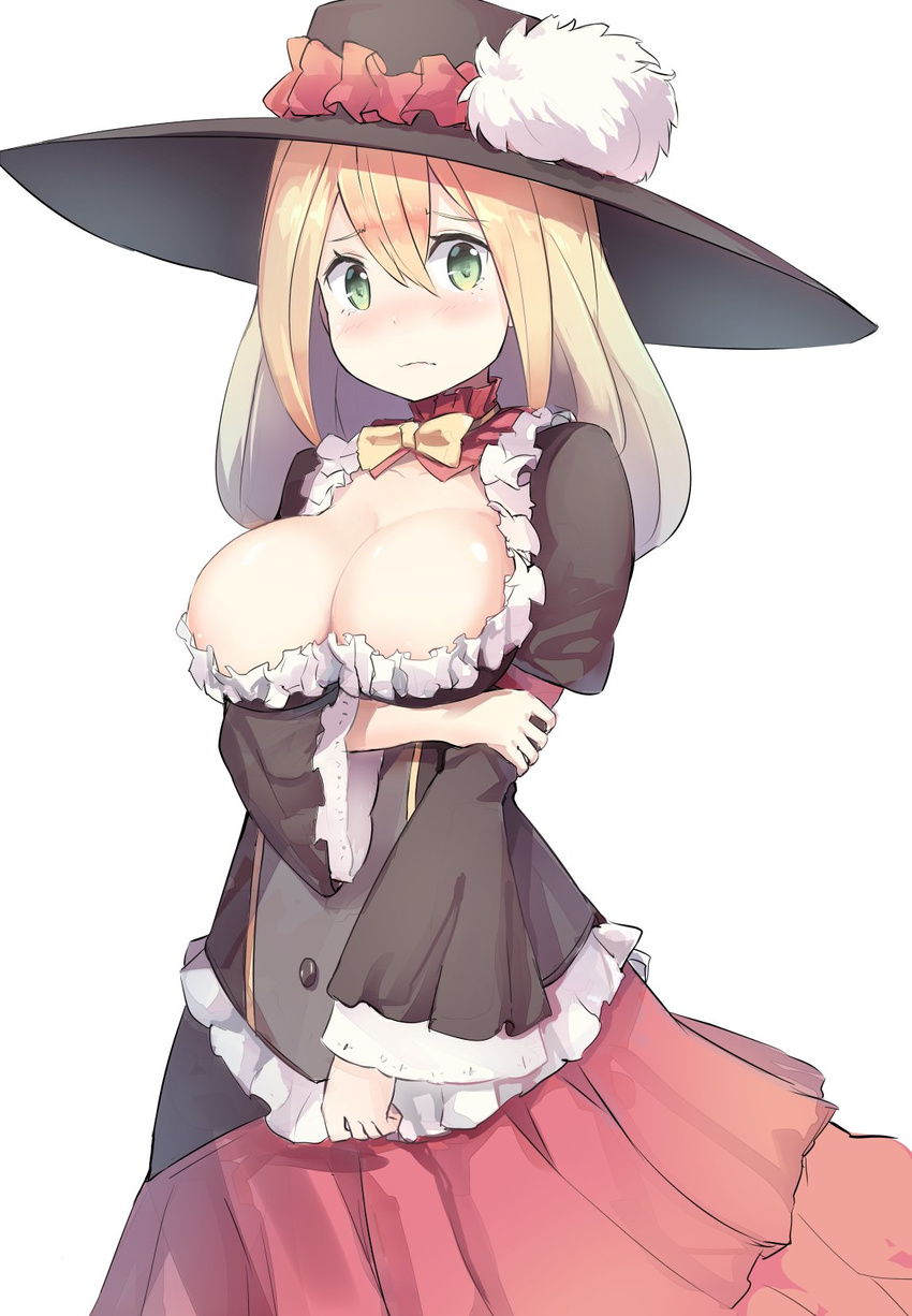 aqua_eyes areola_slip areolae blonde_hair blush breast_hold breasts cleavage closed_mouth darkness_(konosuba) embarrassed frills hat highres isegawa_yasutaka kono_subarashii_sekai_ni_shukufuku_wo! large_breasts long_hair looking_at_viewer ribbon simple_background solo standing sun_hat tied_hair upper_body wavy_mouth white_background