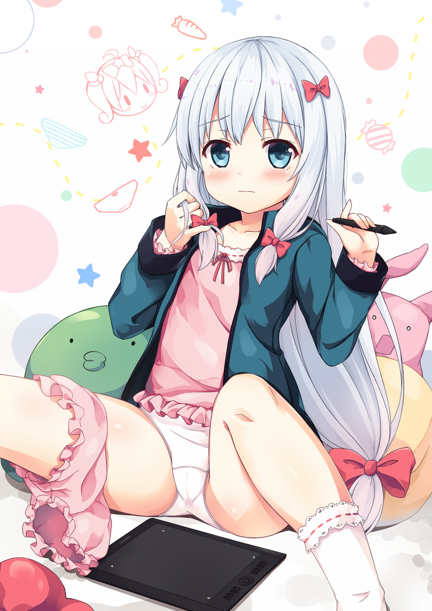 bloomers bloomers_around_one_leg blue_eyes blush bow candy closed_mouth commentary_request dotted_line eromanga_sensei food hair_bow highres hoshikuzu_witch_meruru izumi_sagiri long_hair looking_at_viewer meruru_(oreimo) panties pencil red_bow revision sakuraba_hikaru_(loveindog) socks solo star underwear white_background white_hair white_panties