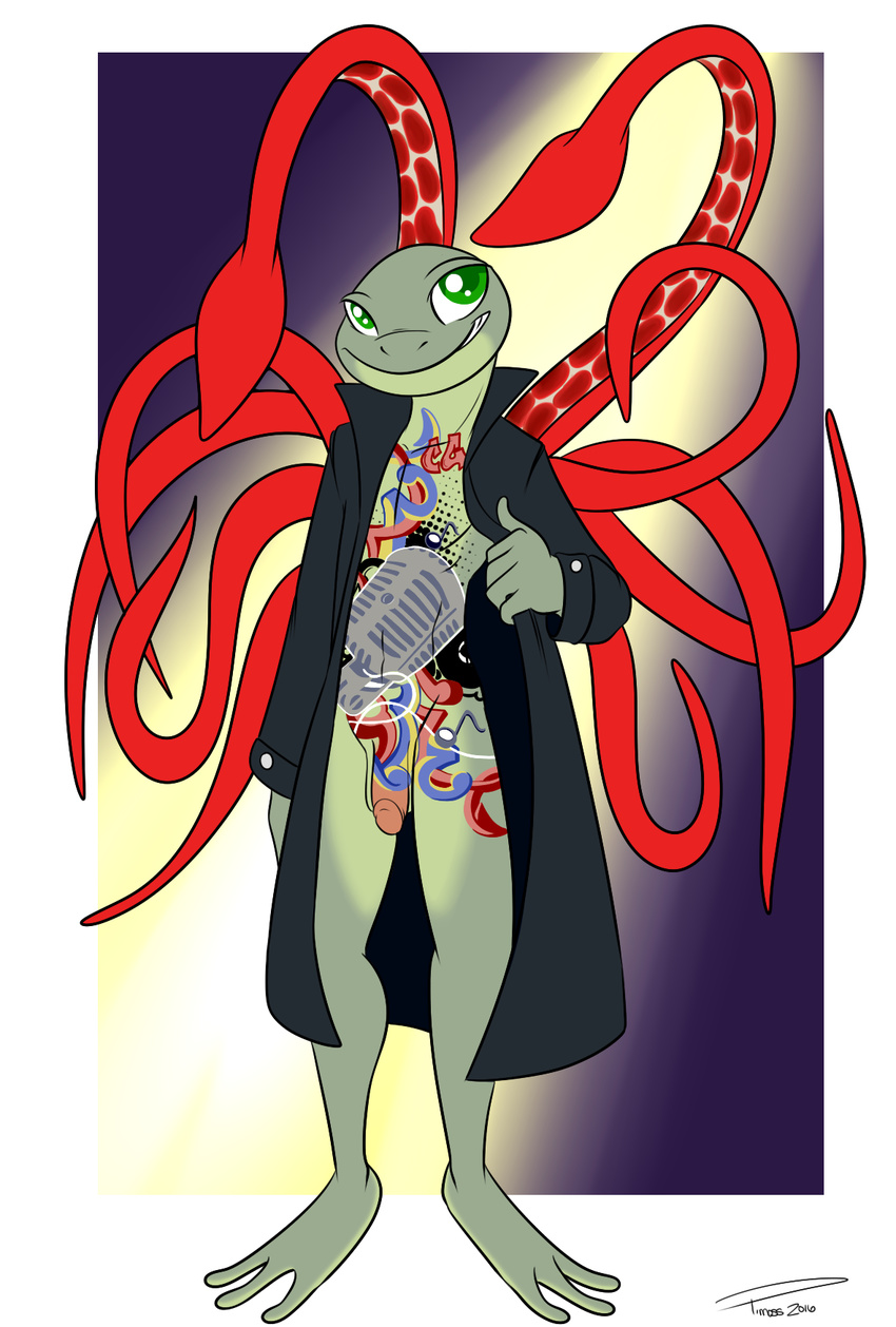 amphibian bottomless cephalopod clothed clothing frog graffiti green_eyes green_skin hybrid jacket jeremy_(tenpoundhammer) marine penis pmoss red_skin squid tentacles