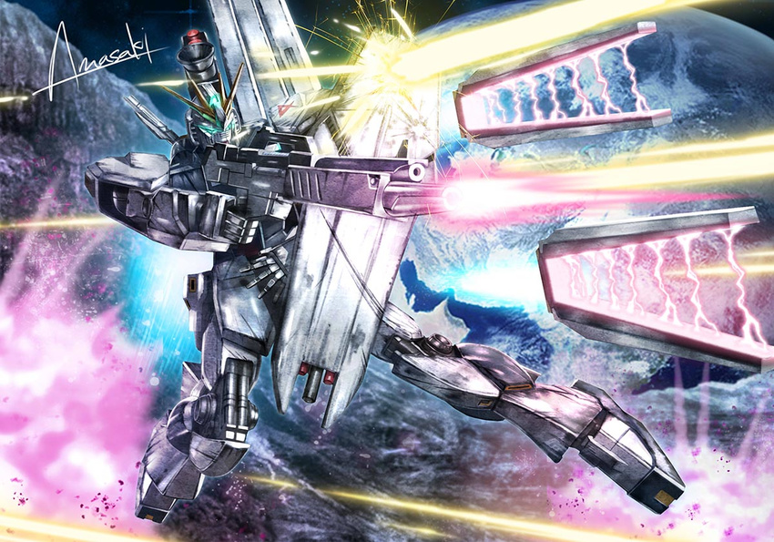 battle beam_rifle blocking char's_counterattack earth energy_gun explosion fin_funnels firing funnels gundam mecha no_humans nu_gundam scratches shield signature space wa-kun war weapon