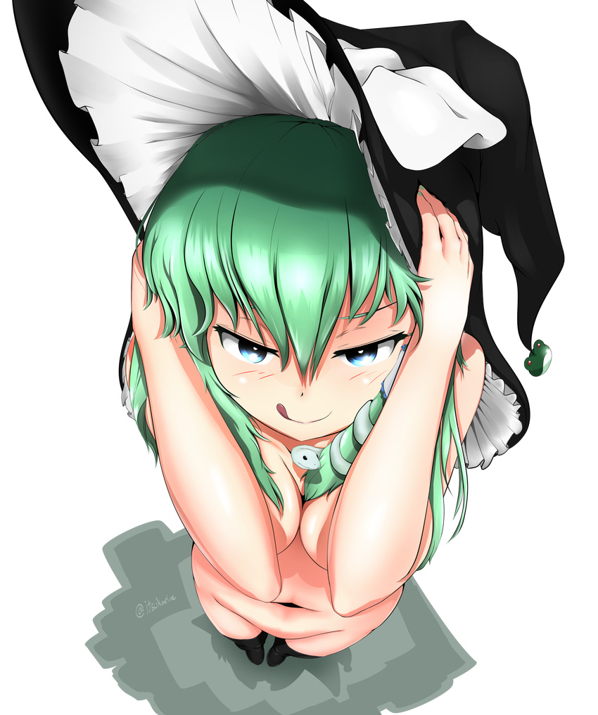 :q artist_name belly black_legwear blue_eyes breasts commentary cosplay foreshortening frog from_above full_body green_hair hair_between_eyes hair_ornament half-closed_eyes hands_on_headwear hands_on_own_head hands_up hat hat_ornament highres itsukarine kirisame_marisa kirisame_marisa_(cosplay) kneehighs kochiya_sanae long_hair looking_at_viewer looking_up medium_breasts naughty_face navel nude smile snake snake_hair_ornament solo standing stomach tongue tongue_out touhou transparent_background v-shaped_eyebrows witch_hat