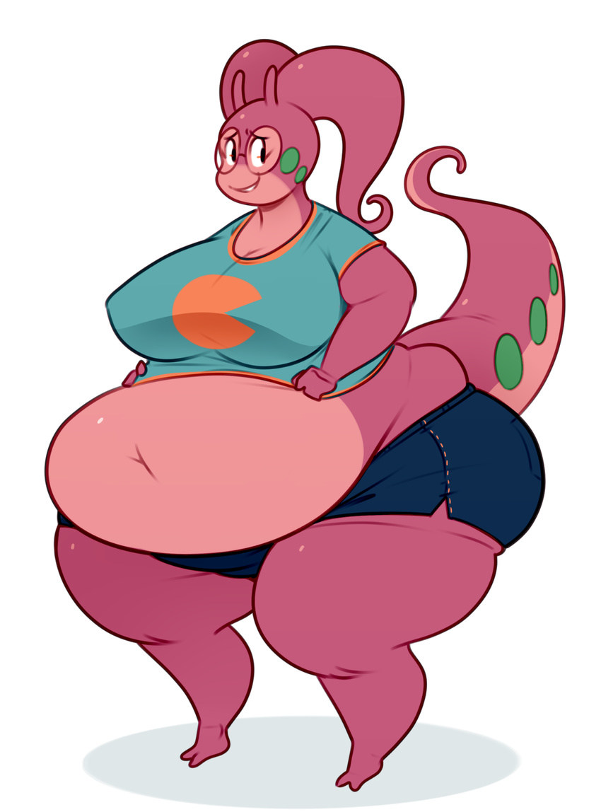 2017 2_toes alpha_channel angela anthro belly big_belly big_breasts big_butt breasts butt clothed clothing denim_shorts dragon eyewear female glasses goodra midriff muffin_top navel nintendo nipple_bulge overweight overweight_female pok&eacute;mon ridiculouscake shirt shorts simple_background smile solo standing thick_thighs toes transparent_background video_games wide_hips