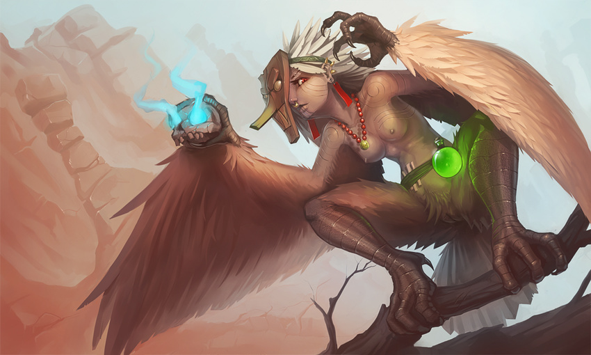 arbuzbudesh avian breasts detailed_background feather_hair feathered_wings feathers female harpy jewelry looking_at_viewer magic mostly_nude necklace nipples pussy red_eyes solo talons winged_arms wings