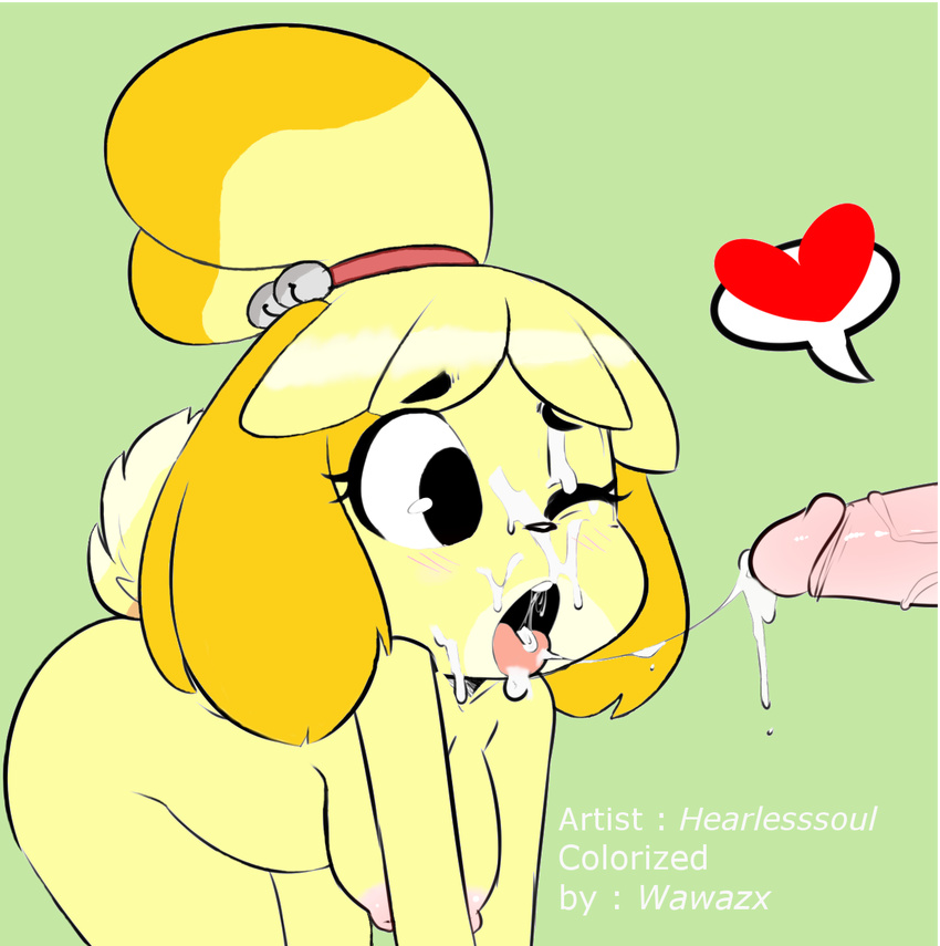 &lt;3 animal_crossing anthro areola blush breasts canine cum cum_in_mouth cum_inside cum_on_face cum_on_tongue cum_string disembodied_penis dog duo erect_nipples erection eye_brows eyelashes faceless_male fellatio female fur green_background hearlesssoul humanoid_penis isabelle_(animal_crossing) male male/female mammal nintendo nipples one_eye_closed open_mouth oral penis sex simple_background tongue tongue_out vein veiny_penis video_games wawazx yellow_fur