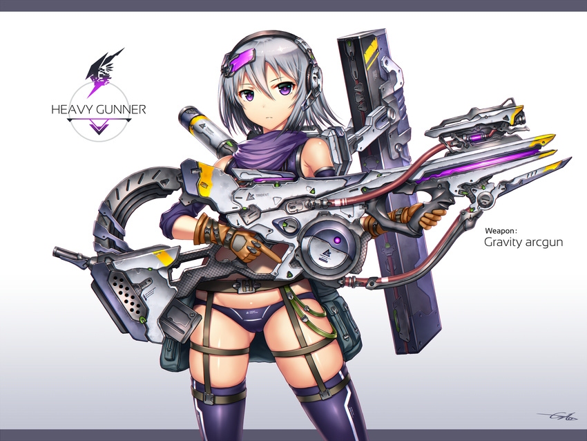 artist_name ass_visible_through_thighs bare_shoulders bikini_bottom closed_mouth contrapposto detached_sleeves expressionless garter_straps gia gloves gradient gradient_background gun headset highres looking_at_viewer original purple_eyes scarf short_hair silver_hair skindentation solo standing thigh_strap thighhighs trigger_discipline weapon