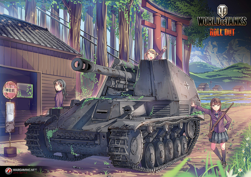 black_hair blonde_hair bolt_action brown_eyes brown_hair bus_stop caterpillar_tracks cloud commentary daito flower grass ground_vehicle gun highres mauser_98 military military_vehicle motor_vehicle multiple_girls official_art rifle self-propelled_gun sky tank tree wargaming_japan weapon wespe_spg world_of_tanks