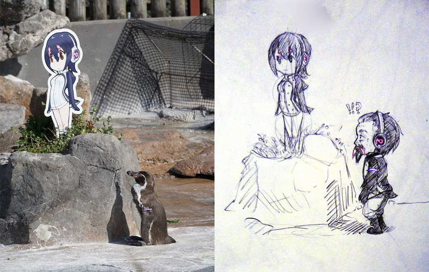 1boy 1girl atashi_(wordsofsongs) cutout facial_hair grape-kun grass headphones humboldt_penguin humboldt_penguin_(kemono_friends) kemono_friends mustache old_man pen_(medium) personification photo reference_photo