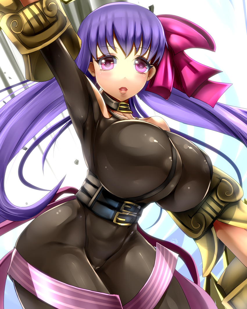 bare_shoulders bodysuit bow breasts fate/extra fate/extra_ccc fate/grand_order fate_(series) hair_bow highres huge_breasts looking_at_viewer parted_lips passion_lip purple_eyes purple_hair sakuama solo thighs