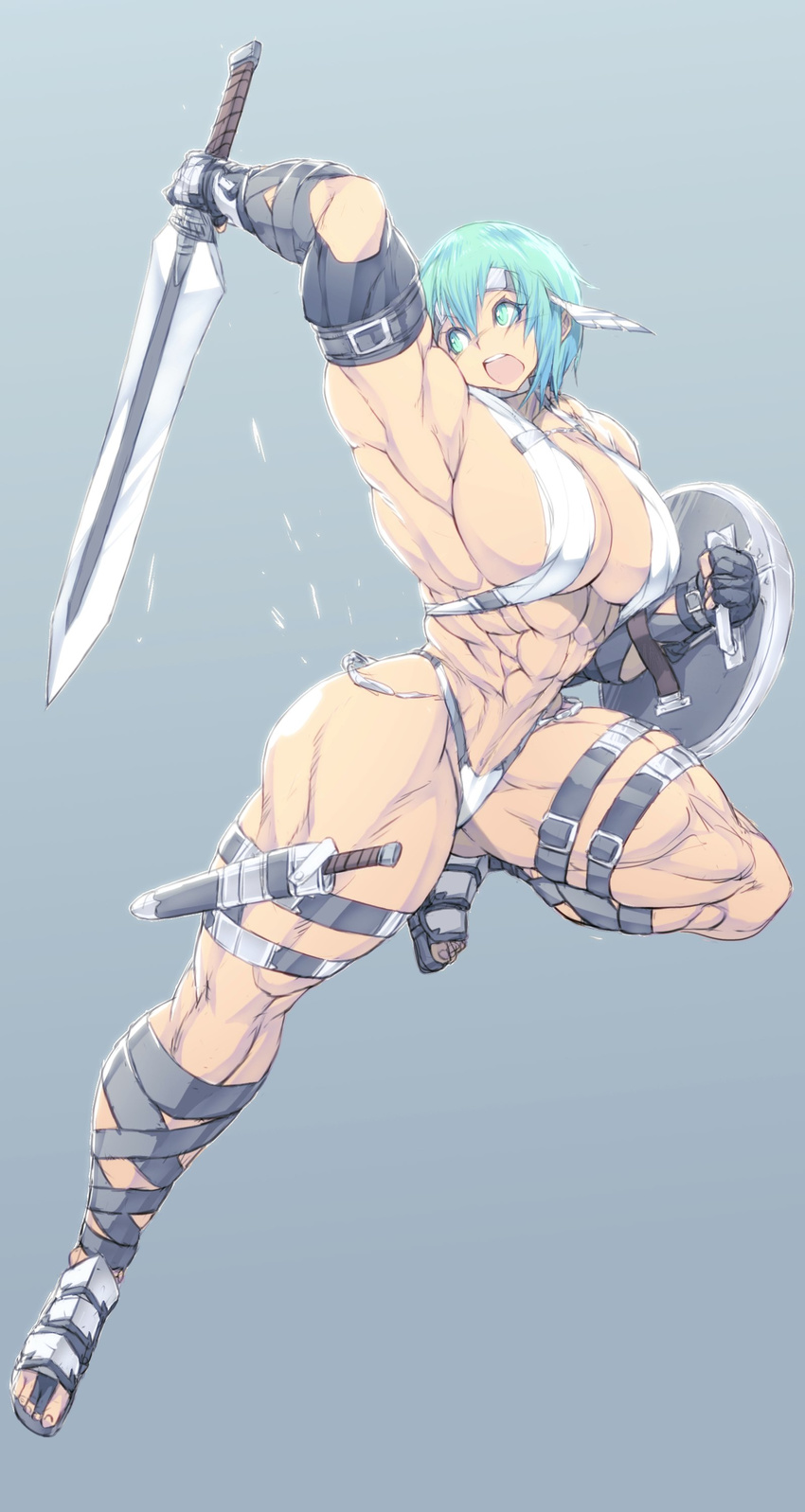 1girl abs blue_eyes blue_hair breasts cleavage copyright_request female fingerless_gloves gloves jin-jin large_breasts muscle muscular_female sandals shield solo thong weapon