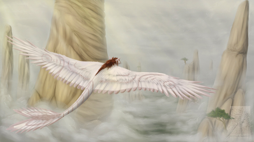 brown_hair day detailed_background digital_media_(artwork) dragon feathered_dragon feathered_wings feathers feral flying hair keltaan outside solo white_feathers wings