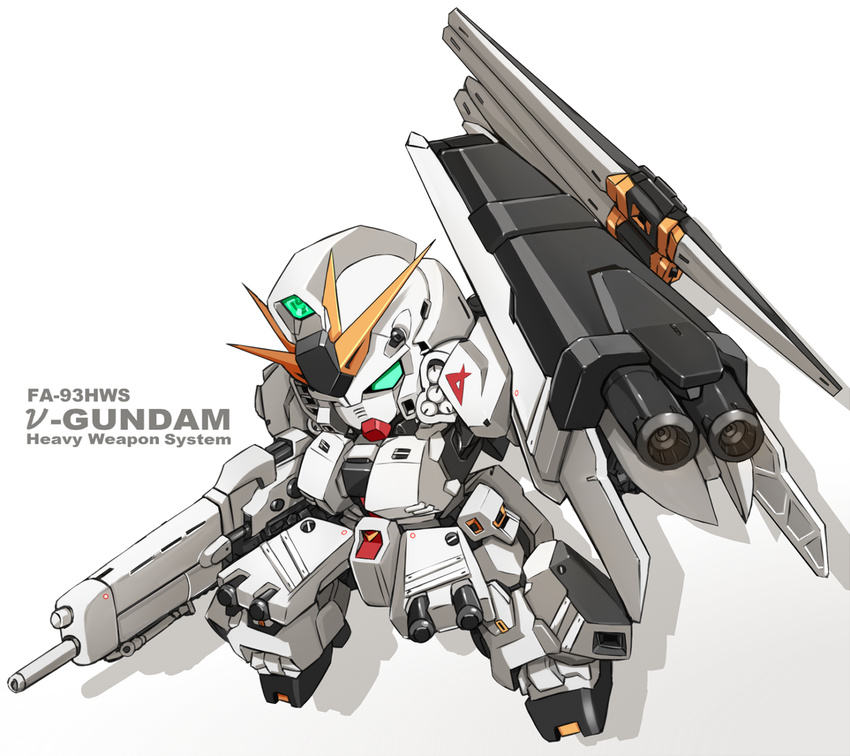 beam_rifle char's_counterattack character_name chibi energy_gun english fin_funnels green_eyes gundam karukan_(monjya) mecha no_humans nu_gundam nu_gundam_hws sd_gundam shield weapon