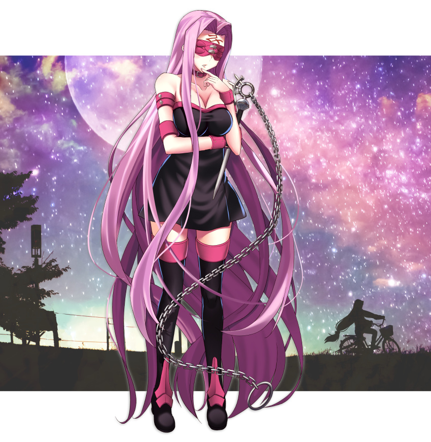 1girl absurdly_long_hair absurdres arm_strap bicycle black_dress black_footwear boots boshi_(a-ieba) breasts cleavage collar collarbone dress facial_mark fate/stay_night fate_(series) floating_hair full_body ground_vehicle highres holding holding_weapon index_finger_raised large_breasts long_hair low-tied_long_hair mask moon parted_lips pleated_dress purple_hair rider riding short_dress sky sleeveless sleeveless_dress solo star_(sky) starry_sky strapless strapless_dress thigh_boots thighhighs tube_dress very_long_hair weapon wrist_cuffs zettai_ryouiki