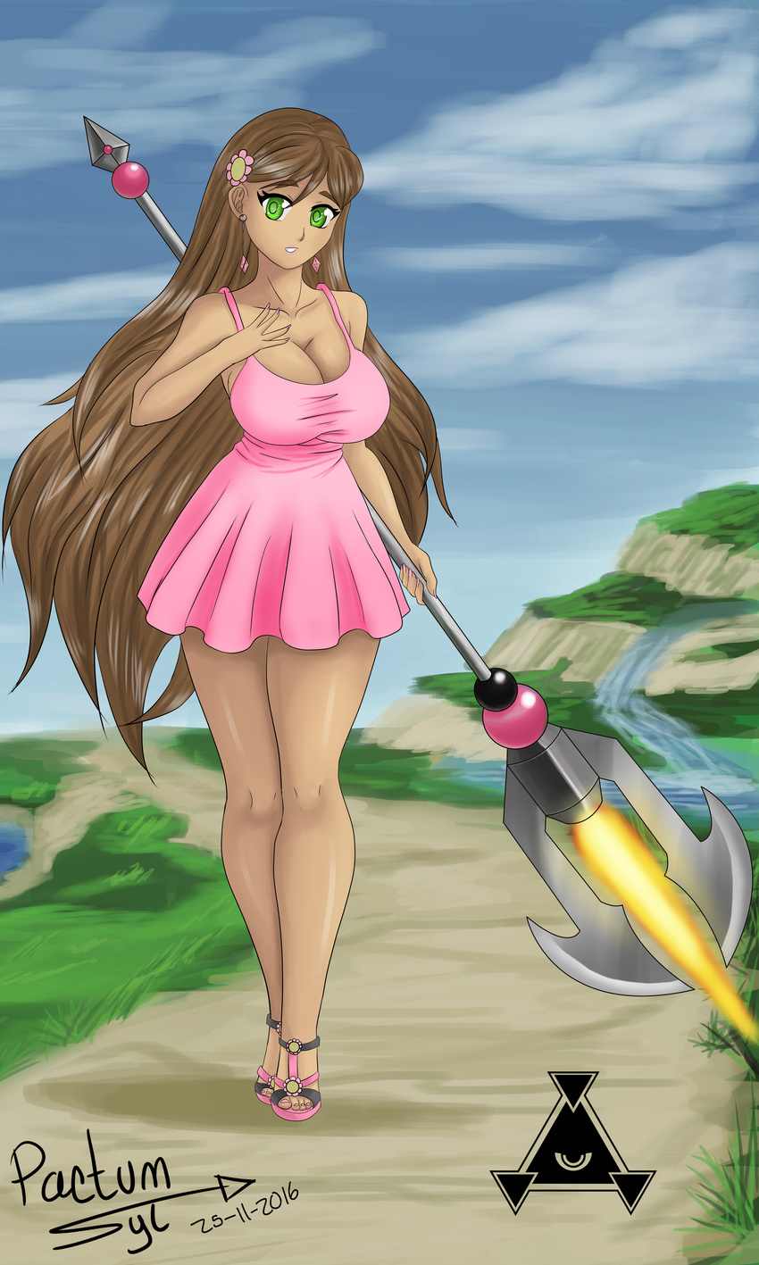 absurdres breasts brown_hair curvy dark_skin day dress green_eyes highres large_breasts mexican original pink_dress self_upload solo sundress weapon yatzyel