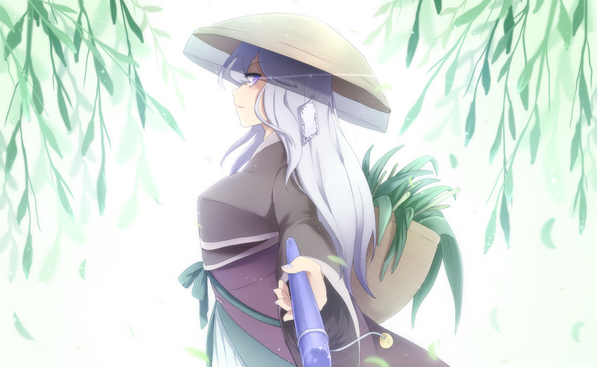 ajirogasa androgynous backpack bag bamboo hat herb_bundle highres japanese_clothes kimono lavender_eyes lavender_hair len'en lenk64 long_hair shirami_souko