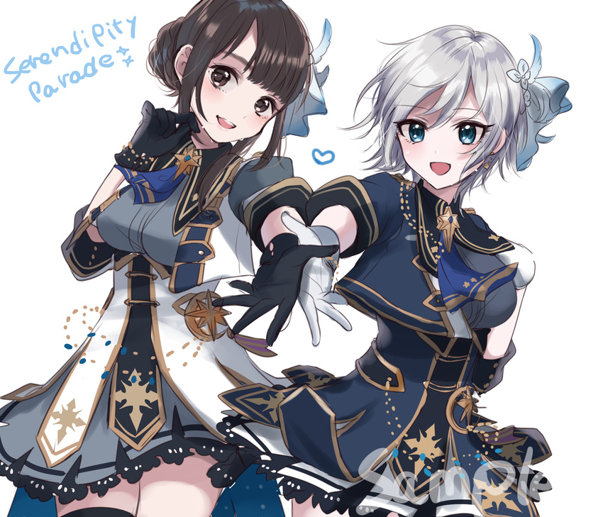 anastasia_(idolmaster) blue_eyes capelet gloves highres idolmaster idolmaster_cinderella_girls idolmaster_cinderella_girls_starlight_stage misumi_(macaroni) multiple_girls real_life seiyuu seiyuu_connection short_hair silver_hair sketch smile uesaka_sumire