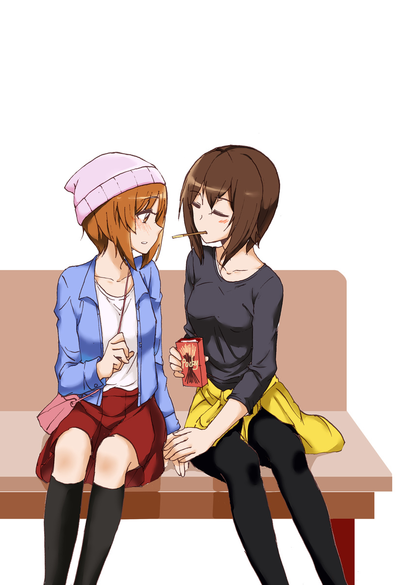 absurdres bag beanie bench black_legwear black_pants black_shirt blue_jacket blush brown_eyes brown_hair casual closed_mouth clothes_around_waist collarbone embarrassed food girls_und_panzer handbag hat highres holding_hands incest jacket jacket_around_waist kneehighs long_sleeves looking_at_another medium_skirt multiple_girls nishizumi_maho nishizumi_miho open_clothes open_jacket pants park_bench parted_lips pink_hat pleated_skirt pocky pocky_kiss red_skirt shared_food shirt short_hair si_ye siblings sisters sitting sketch skirt white_shirt yellow_jacket yuri