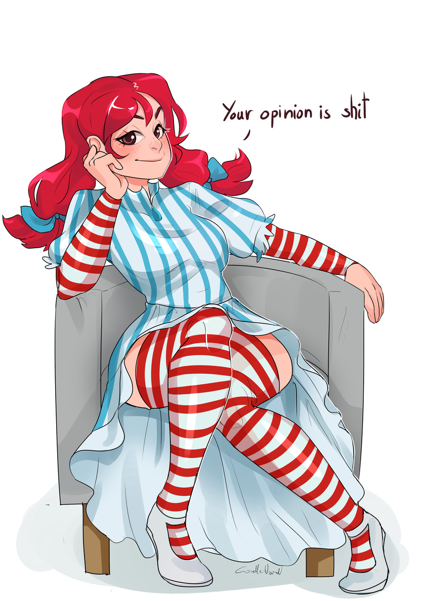 1girl absurdres blue_bow blush breasts brown_eyes dress english freckles full_body hair_bow highres legs_crossed long_hair medium_breasts pinstripe_pattern red_hair sitting smug solo striped striped_legwear text thighhighs twintails wendy's wendy_(wendy's)