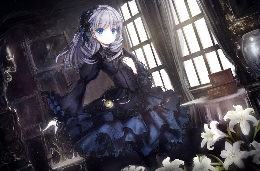 bangs black_flower black_rose blue_eyes box candle choker corset curtains dutch_angle flower gothic_lolita hair_flower hair_ornament hand_on_own_chest highres lace-trimmed_sleeves lily_(flower) lolita_fashion long_hair looking_at_viewer missile228 original pocket_watch portrait_(object) rose silver_hair solo watch window