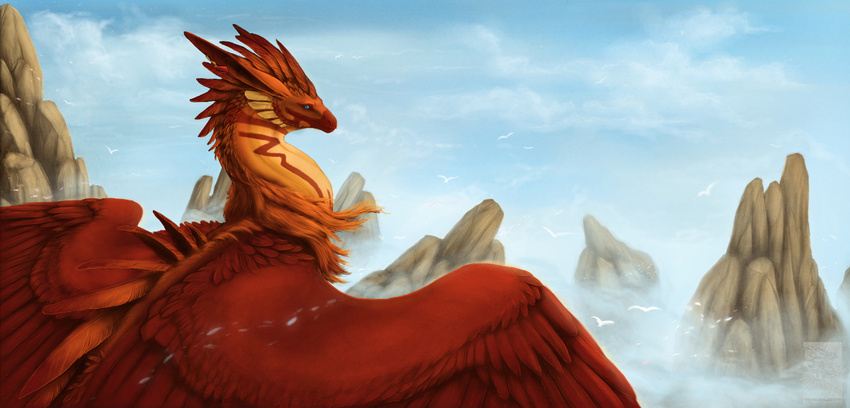 ambiguous_gender blue_eyes day dragon feathered_dragon feathered_wings feathers feral fur horn keltaan orange_fur outside red_feathers sky smile solo wings
